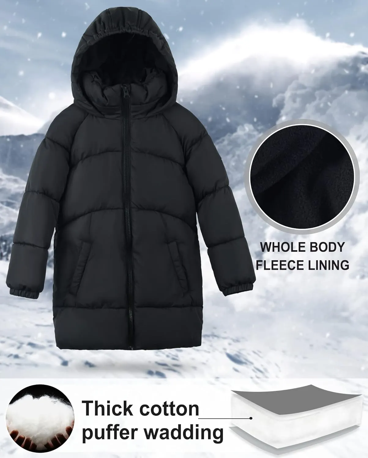maoo garden Girls Winter Long Puffer Lightweight Coat Thick Padded Soft Fleece Jacket with Hood