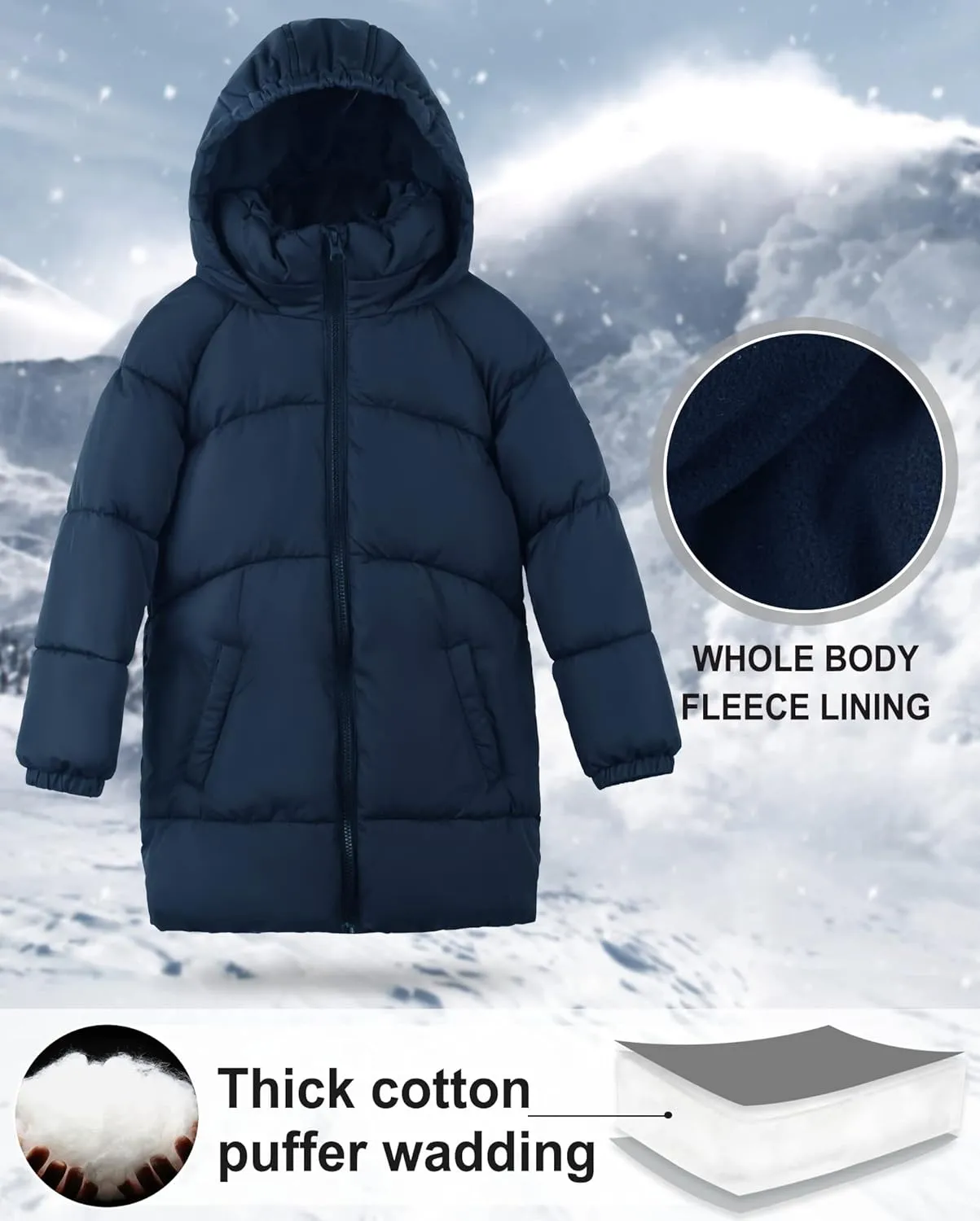 maoo garden Girls Winter Long Puffer Lightweight Coat Thick Padded Soft Fleece Jacket with Hood