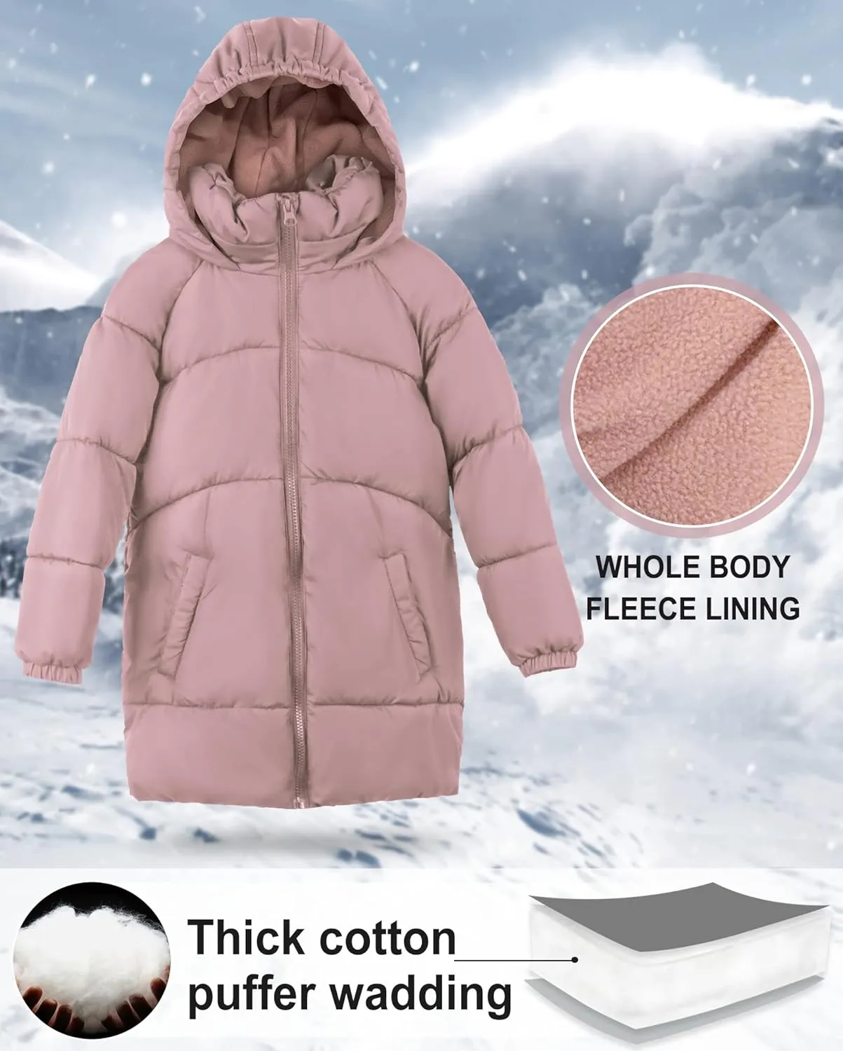 maoo garden Girls Winter Long Puffer Lightweight Coat Thick Padded Soft Fleece Jacket with Hood