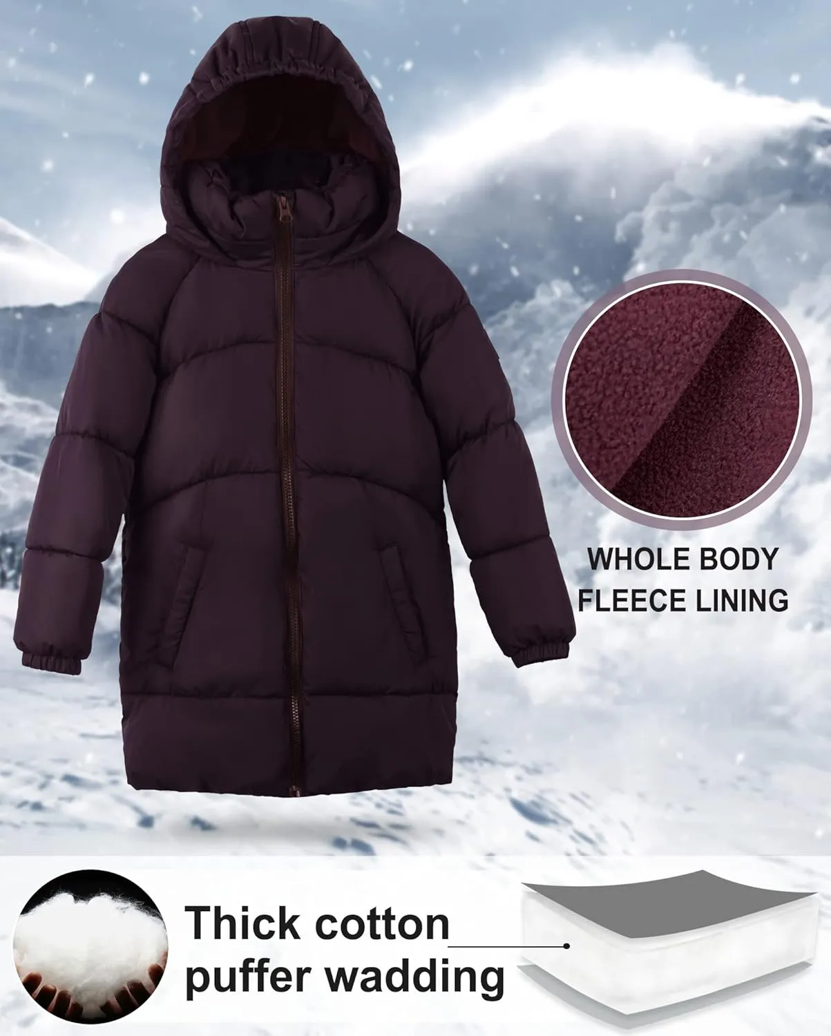 maoo garden Girls Winter Long Puffer Lightweight Coat Thick Padded Soft Fleece Jacket with Hood