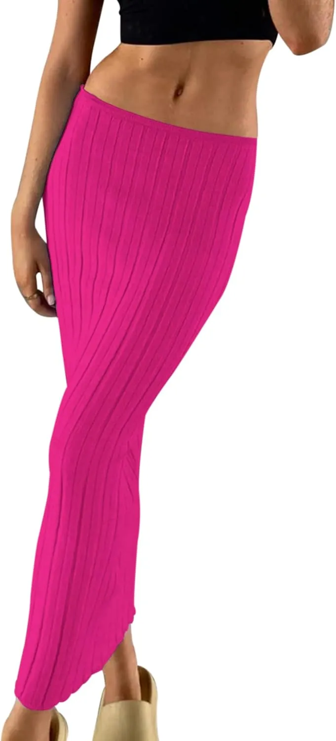 Meladyan Women High Waist Knit Long Maxi Skirt Stretchy Solid Slim Midi Skirts Strapless Bodycon Beach Dress Cover Up