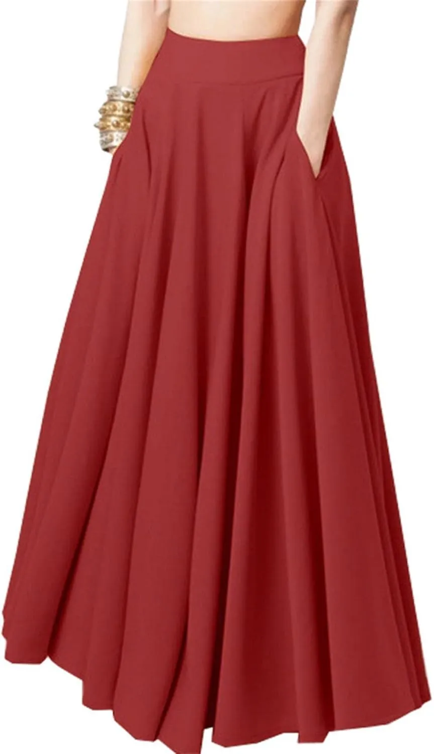 Melliflo Women's Pleated Long Skirts High Waisted A-Line Swing Skirt Ankle Length Flowy Maxi Skirts with Pockets