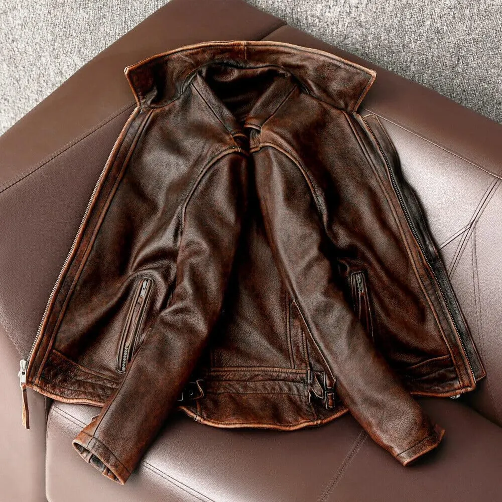 Men Brown Vintage Leather Jacket - Tan Distressed Motorcycle Leather Jacket - Cafe Racer Leather Jacket