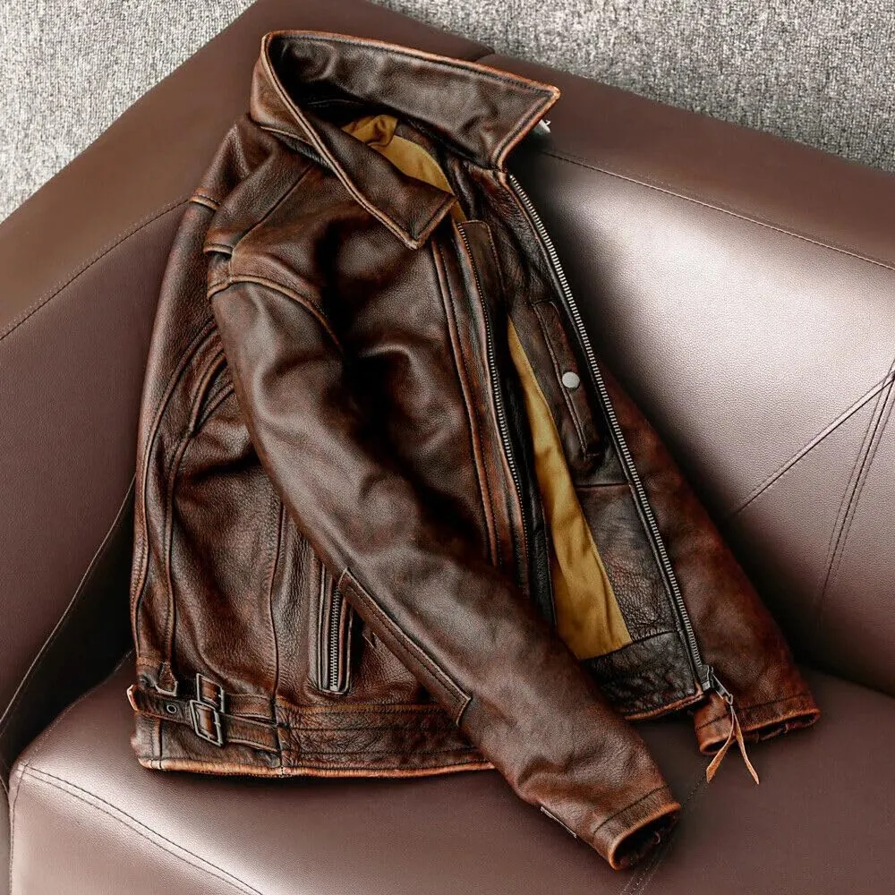 Men Brown Vintage Leather Jacket - Tan Distressed Motorcycle Leather Jacket - Cafe Racer Leather Jacket