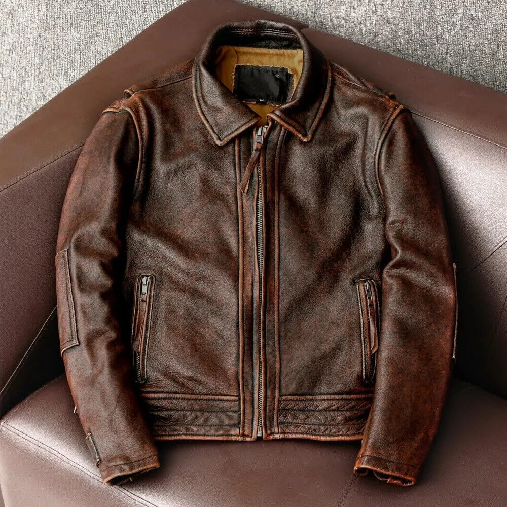 Men Brown Vintage Leather Jacket - Tan Distressed Motorcycle Leather Jacket - Cafe Racer Leather Jacket