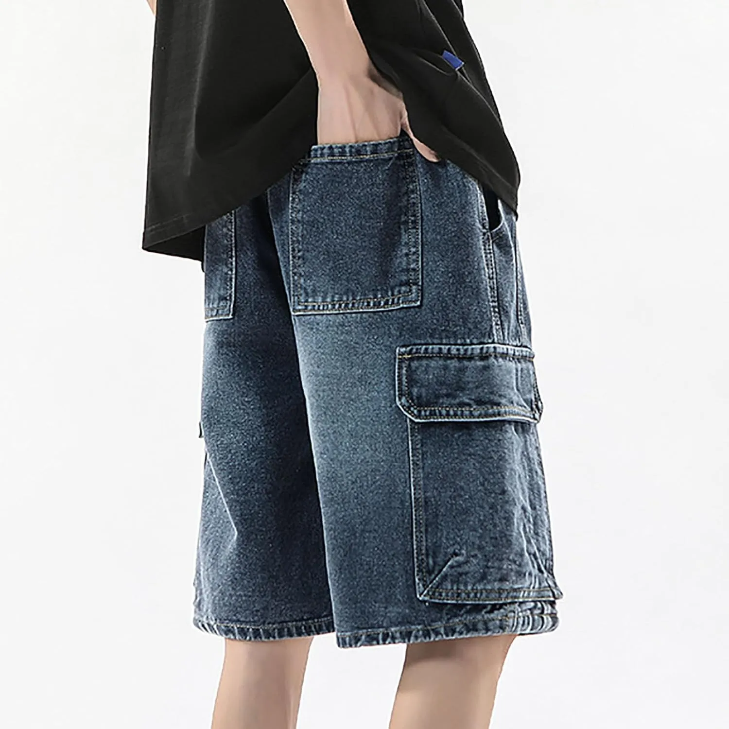 Men Loose Fit Y2K Hip Hop Long Jean Shorts Work Denim Shorts with Pockets Skateboard Pants Streetwear