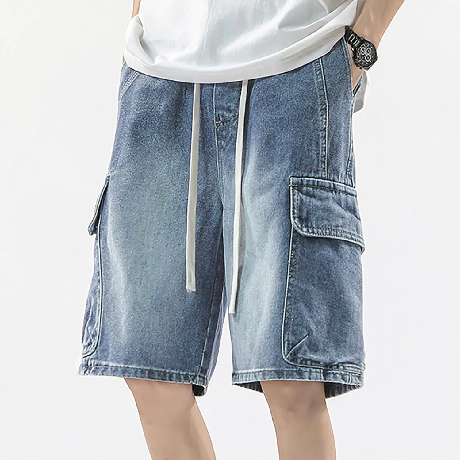 Men Loose Fit Y2K Hip Hop Long Jean Shorts Work Denim Shorts with Pockets Skateboard Pants Streetwear