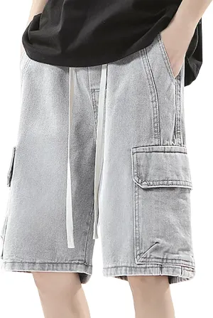 Men Loose Fit Y2K Hip Hop Long Jean Shorts Work Denim Shorts with Pockets Skateboard Pants Streetwear