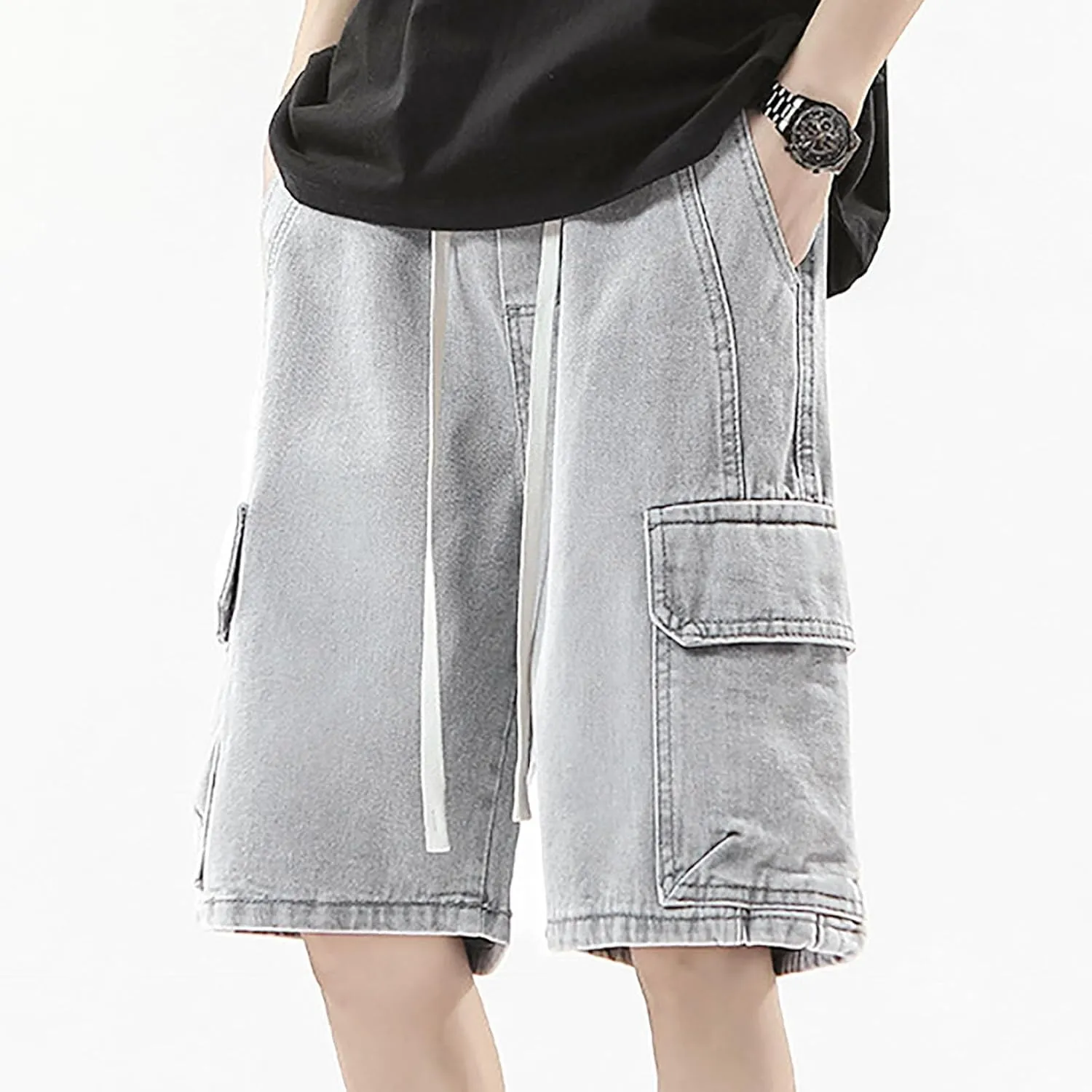 Men Loose Fit Y2K Hip Hop Long Jean Shorts Work Denim Shorts with Pockets Skateboard Pants Streetwear