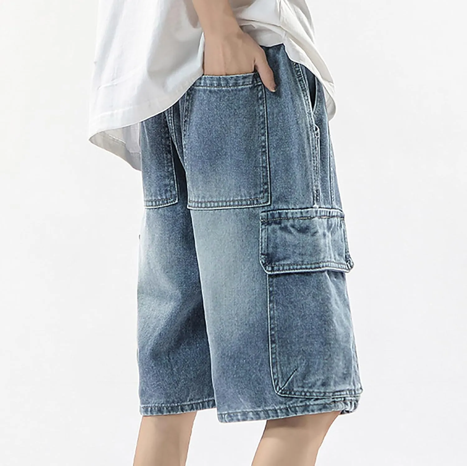 Men Loose Fit Y2K Hip Hop Long Jean Shorts Work Denim Shorts with Pockets Skateboard Pants Streetwear