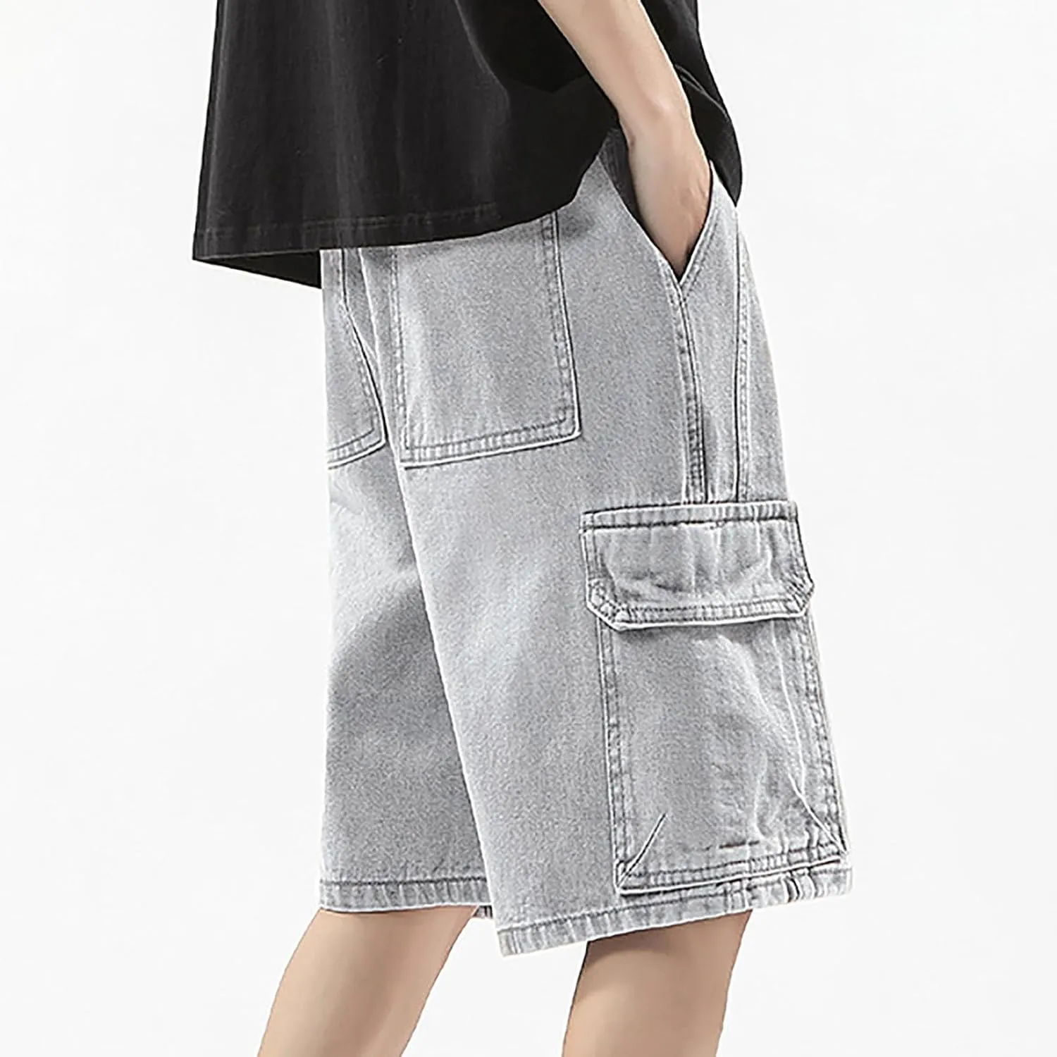 Men Loose Fit Y2K Hip Hop Long Jean Shorts Work Denim Shorts with Pockets Skateboard Pants Streetwear