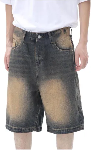 Men Loose Hip Hop Cropped Jean Shorts Work Denim Shorts with Pockets Casual Summer Streetwear Clothes