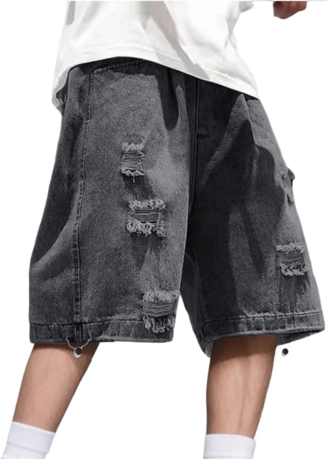 Men Y2K Grunge Baggy Jean Shorts Casual Hip Hop Long Loose Fit Denim Shorts Streetwear with Pockets