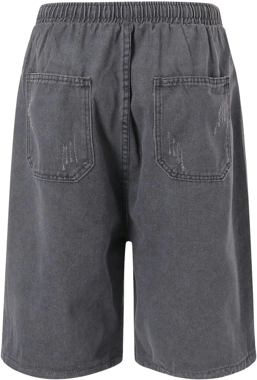 Men Y2K Grunge Baggy Jean Shorts Casual Hip Hop Long Loose Fit Denim Shorts Streetwear with Pockets