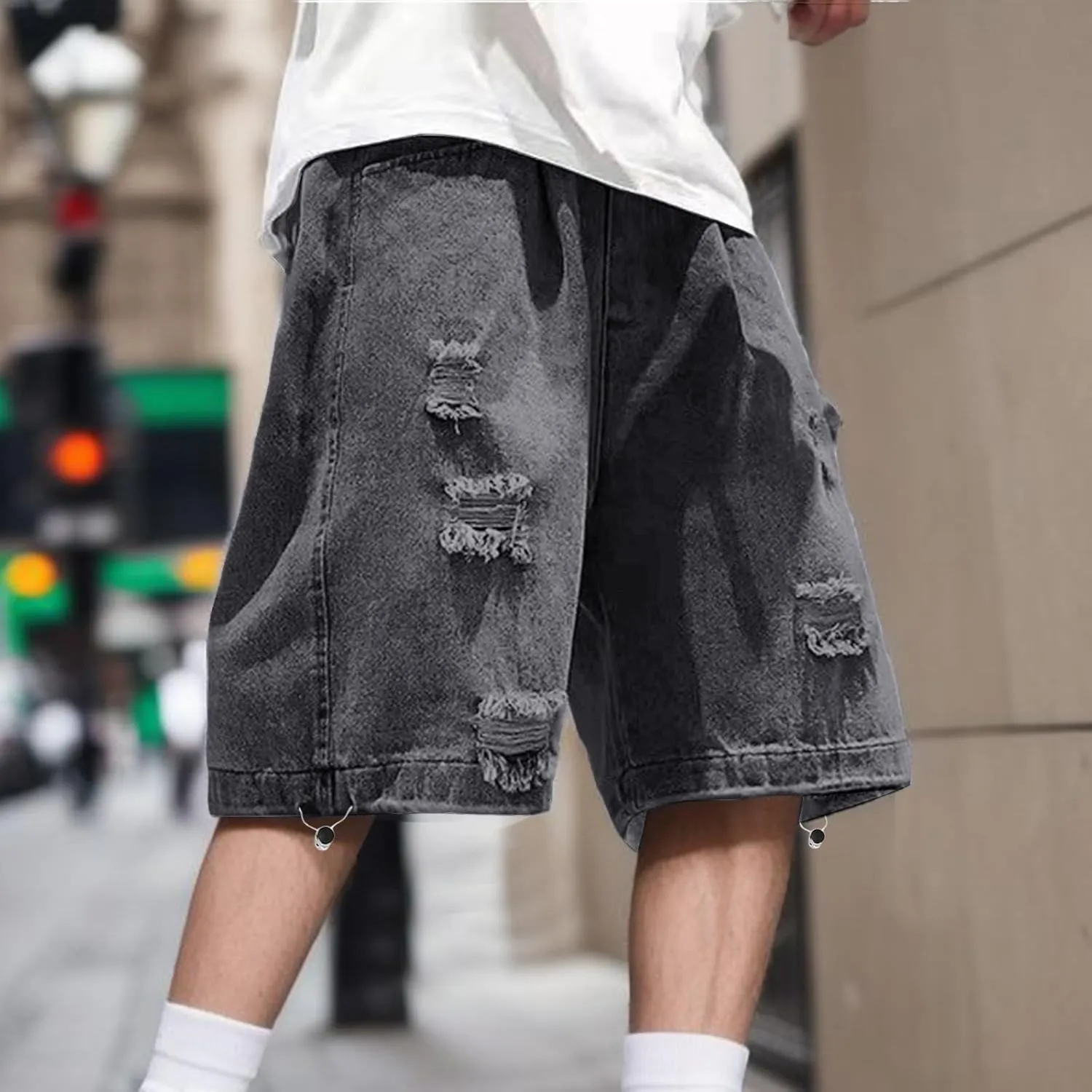 Men Y2K Grunge Baggy Jean Shorts Casual Hip Hop Long Loose Fit Denim Shorts Streetwear with Pockets