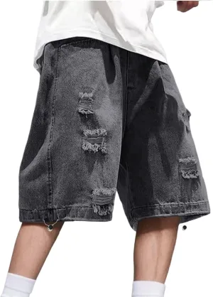 Men Y2K Grunge Baggy Jean Shorts Casual Hip Hop Long Loose Fit Denim Shorts Streetwear with Pockets