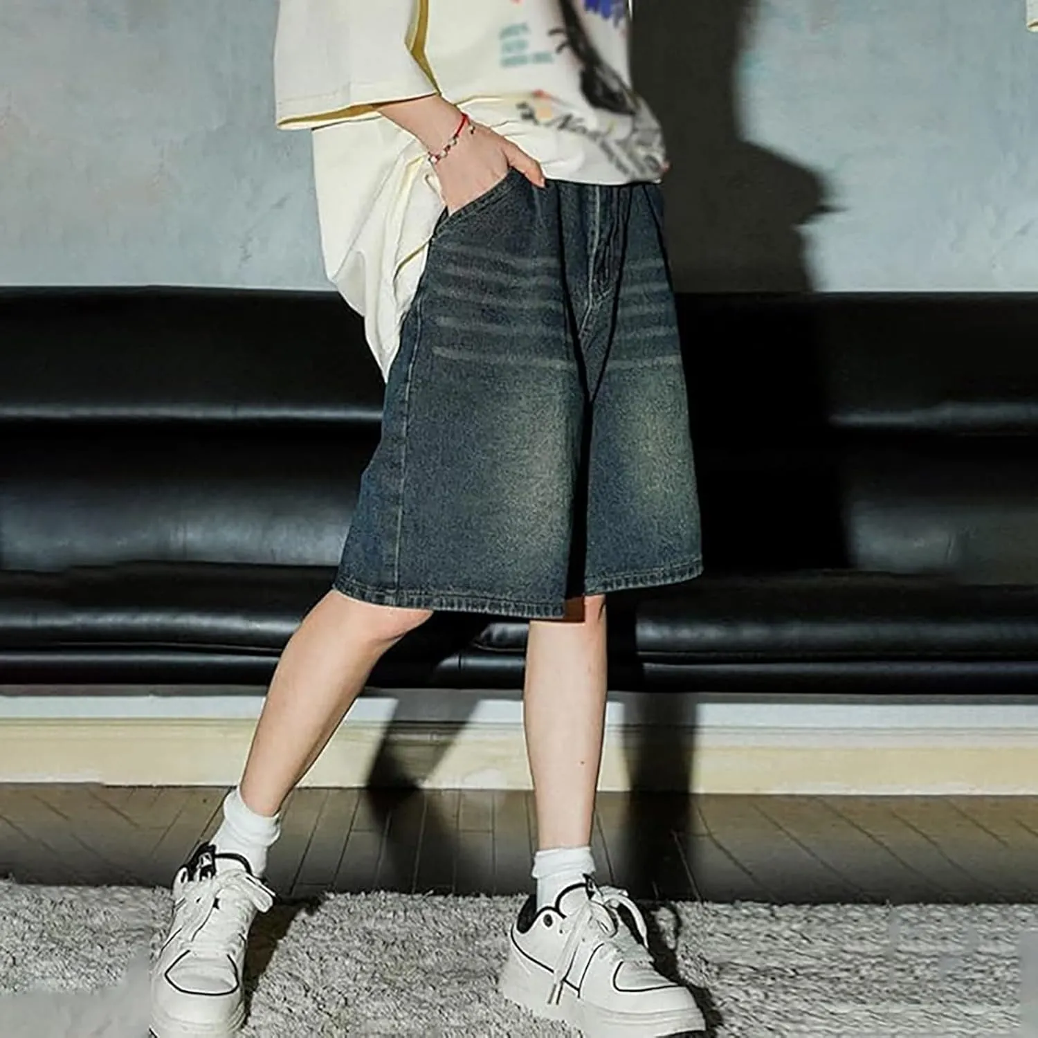 Men Y2K Grunge Baggy Jean Shorts Summer Casual Hip Hop Cargo Pants Loose Denim Shorts with Pockets