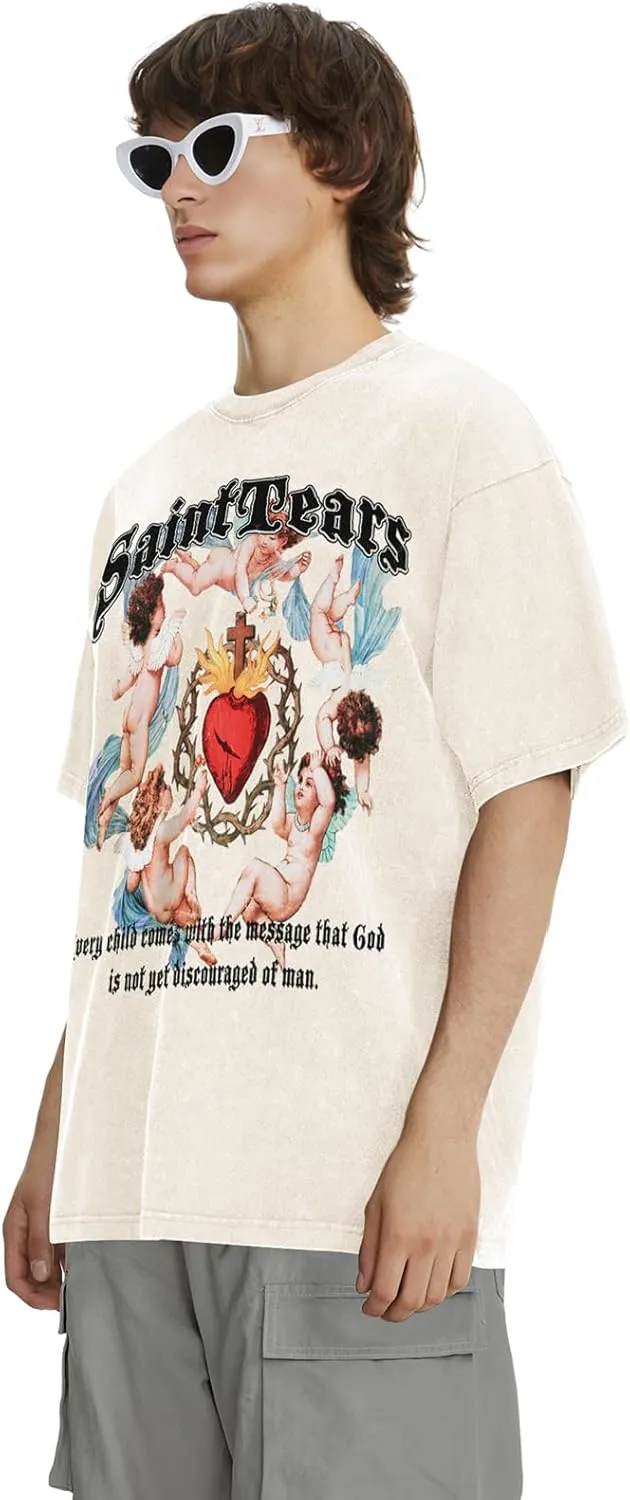 Men's Baby Pretty Angel Print Design T-Shirt High Gram Heavy Wash Cotton Crewneck Short Sleeve