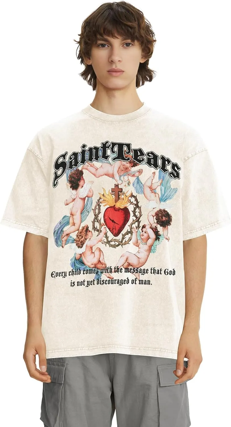 Men's Baby Pretty Angel Print Design T-Shirt High Gram Heavy Wash Cotton Crewneck Short Sleeve