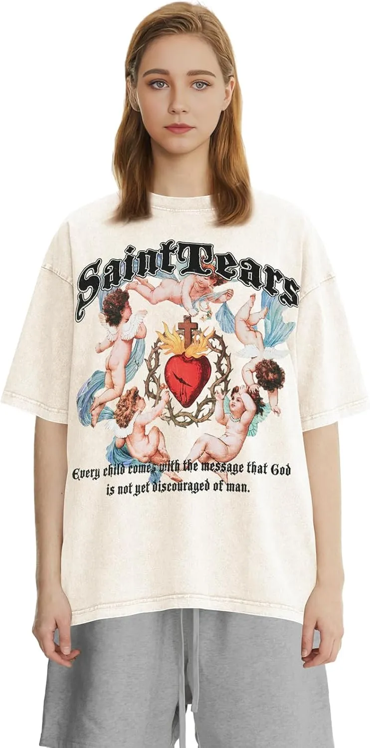 Men's Baby Pretty Angel Print Design T-Shirt High Gram Heavy Wash Cotton Crewneck Short Sleeve