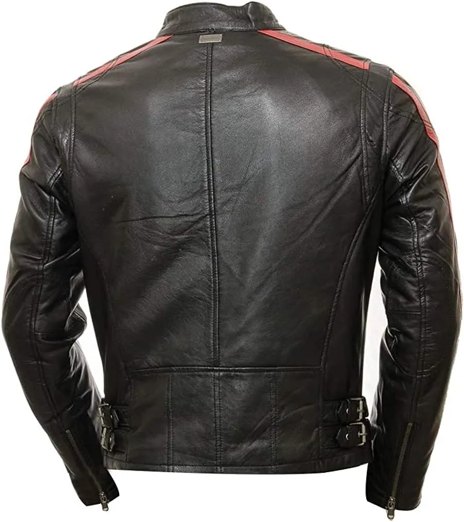 Mens Cafe Racer Motorcycle Leather Jacket Genuine Sheepskin Vintage Moto Biker Collection