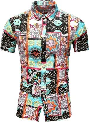 Men's Casual Printed Button Down Beach Short-Sleeve Dress Shirt