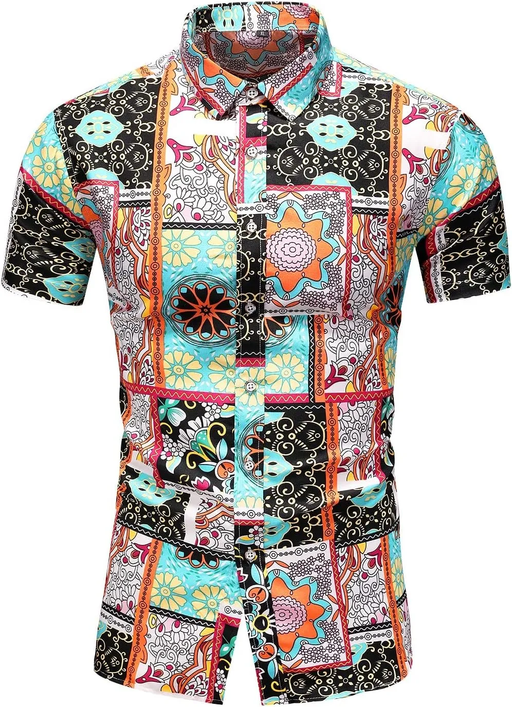 Men's Casual Printed Button Down Beach Short-Sleeve Dress Shirt