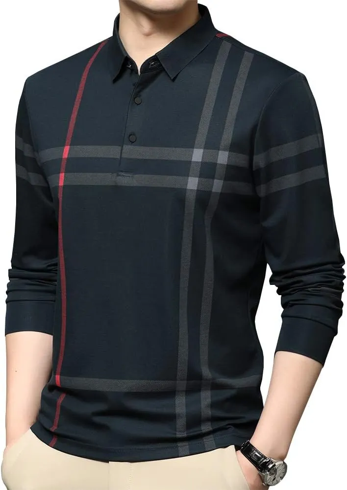 Mens Casual Striped Long Sleeve Collared T Shirt Polo Shirts