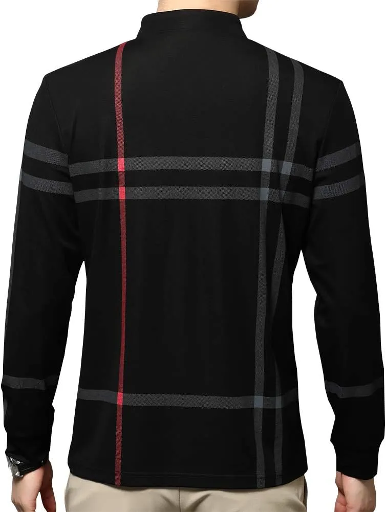 Mens Casual Striped Long Sleeve Collared T Shirt Polo Shirts
