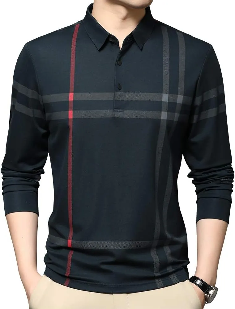 Mens Casual Striped Long Sleeve Collared T Shirt Polo Shirts