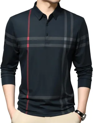 Mens Casual Striped Long Sleeve Collared T Shirt Polo Shirts