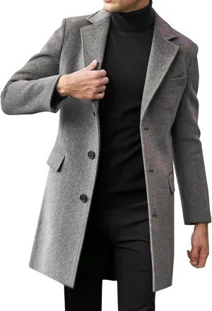 Men's Casual Trench Coat Vintage Breasted Coat Woolen Mid Length Trench Coat Slim Fit Spread Collar Long Sleeve Jacket