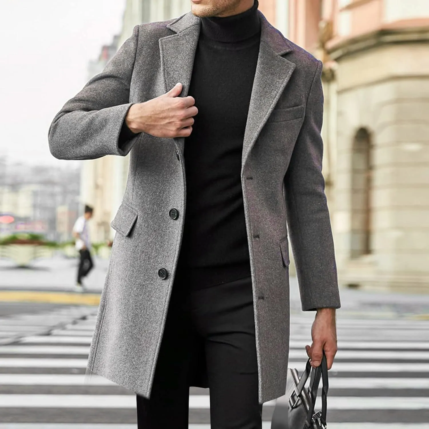 Men's Casual Trench Coat Vintage Breasted Coat Woolen Mid Length Trench Coat Slim Fit Spread Collar Long Sleeve Jacket