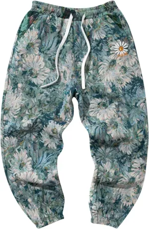 Mens Embroidered Floral Casual Pants with Drawstrings Trend Color Matching Slacks for Men Flower Printed Party Prom Trousers