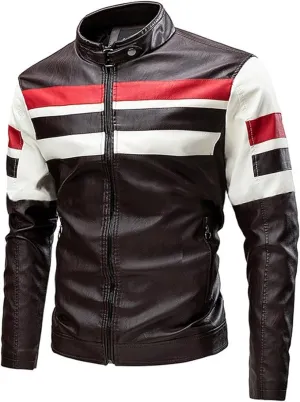 Men's Faux Leather Jackets Stand Collar Waterproof Cafe Racer Jacket Biker Riding Long Sleeve Coat Jacket for Men