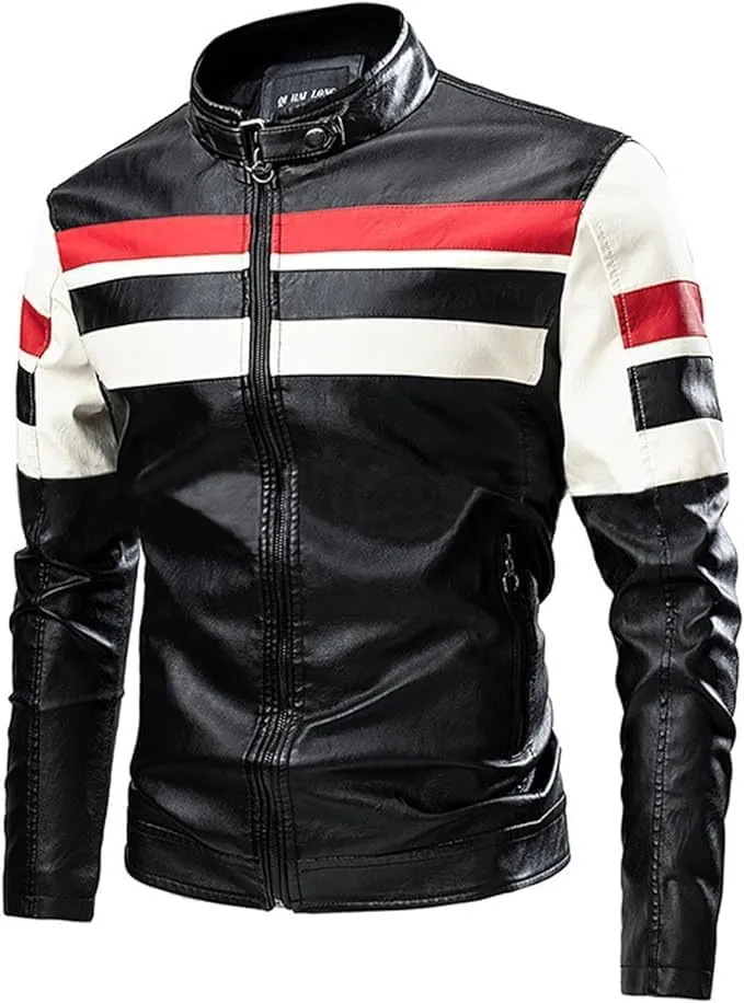 Men's Faux Leather Jackets Stand Collar Waterproof Cafe Racer Jacket Biker Riding Long Sleeve Coat Jacket for Men