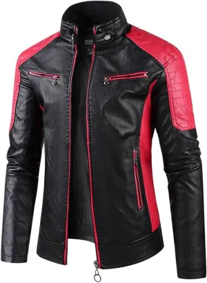 Men's Faux Leather Jackets Stand Collar Waterproof Cafe Racer Jacket Biker Riding Long Sleeve Coat Jacket for Men