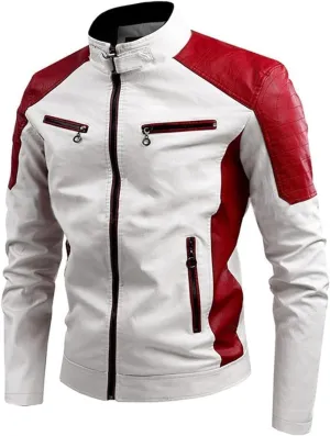 Men's Faux Leather Jackets Stand Collar Waterproof Cafe Racer Jacket Biker Riding Long Sleeve Coat Jacket for Men