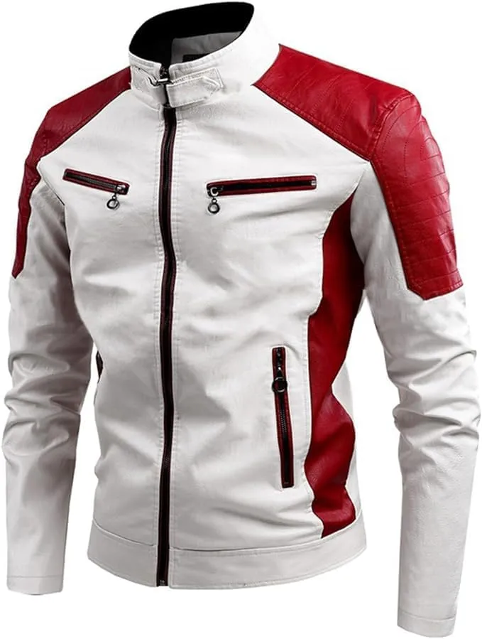 Men's Faux Leather Jackets Stand Collar Waterproof Cafe Racer Jacket Biker Riding Long Sleeve Coat Jacket for Men