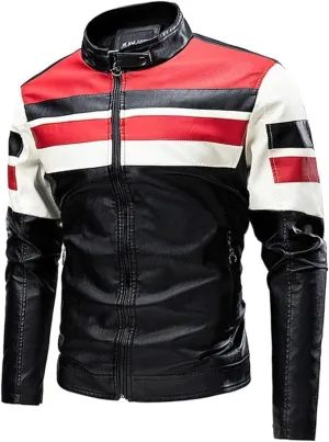 Men's Faux Leather Jackets Stand Collar Waterproof Cafe Racer Jacket Biker Riding Long Sleeve Coat Jacket for Men