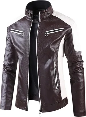 Men's Faux Leather Jackets Stand Collar Waterproof Cafe Racer Jacket Biker Riding Long Sleeve Coat Jacket for Men