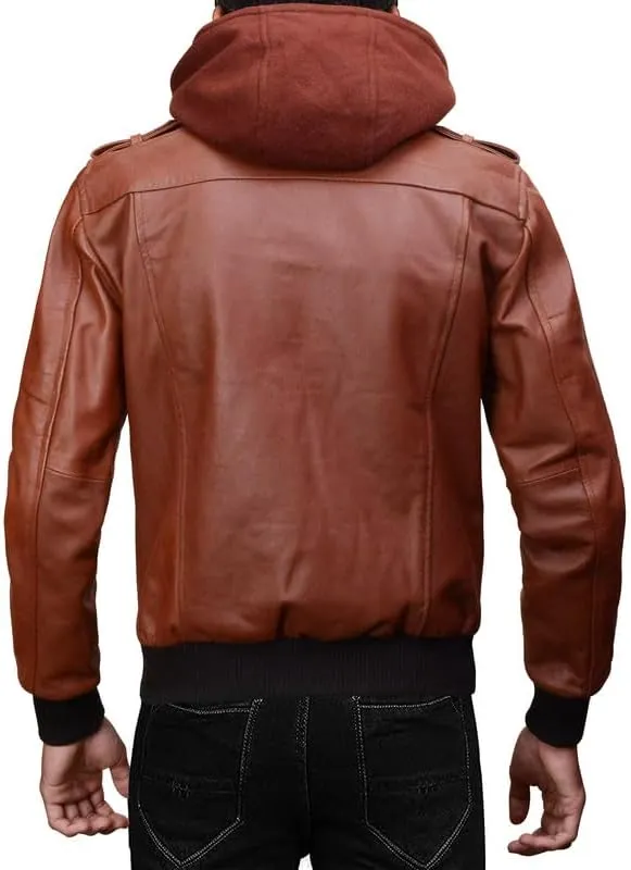 Mens Leather Winter Hooded Jackets for Men - Real Lambskin Waxed Brown Leather Jackets for Men With Removable Hood