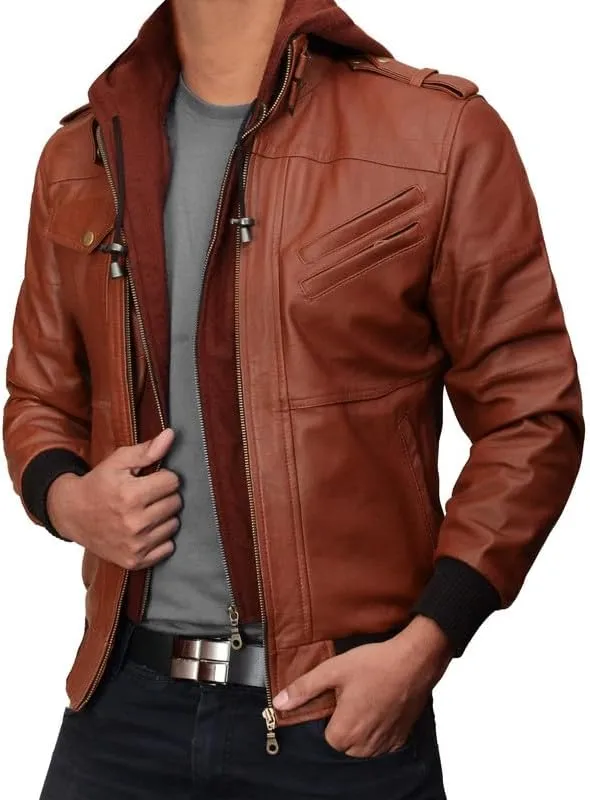 Mens Leather Winter Hooded Jackets for Men - Real Lambskin Waxed Brown Leather Jackets for Men With Removable Hood