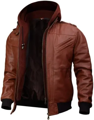 Mens Leather Winter Hooded Jackets for Men - Real Lambskin Waxed Brown Leather Jackets for Men With Removable Hood