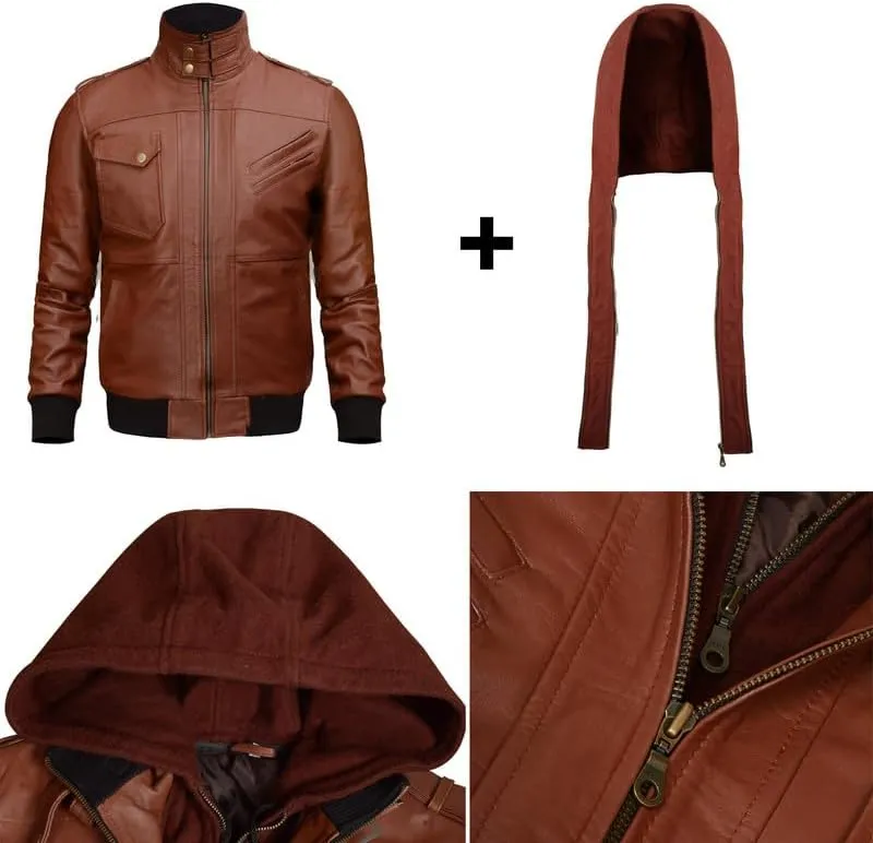 Mens Leather Winter Hooded Jackets for Men - Real Lambskin Waxed Brown Leather Jackets for Men With Removable Hood