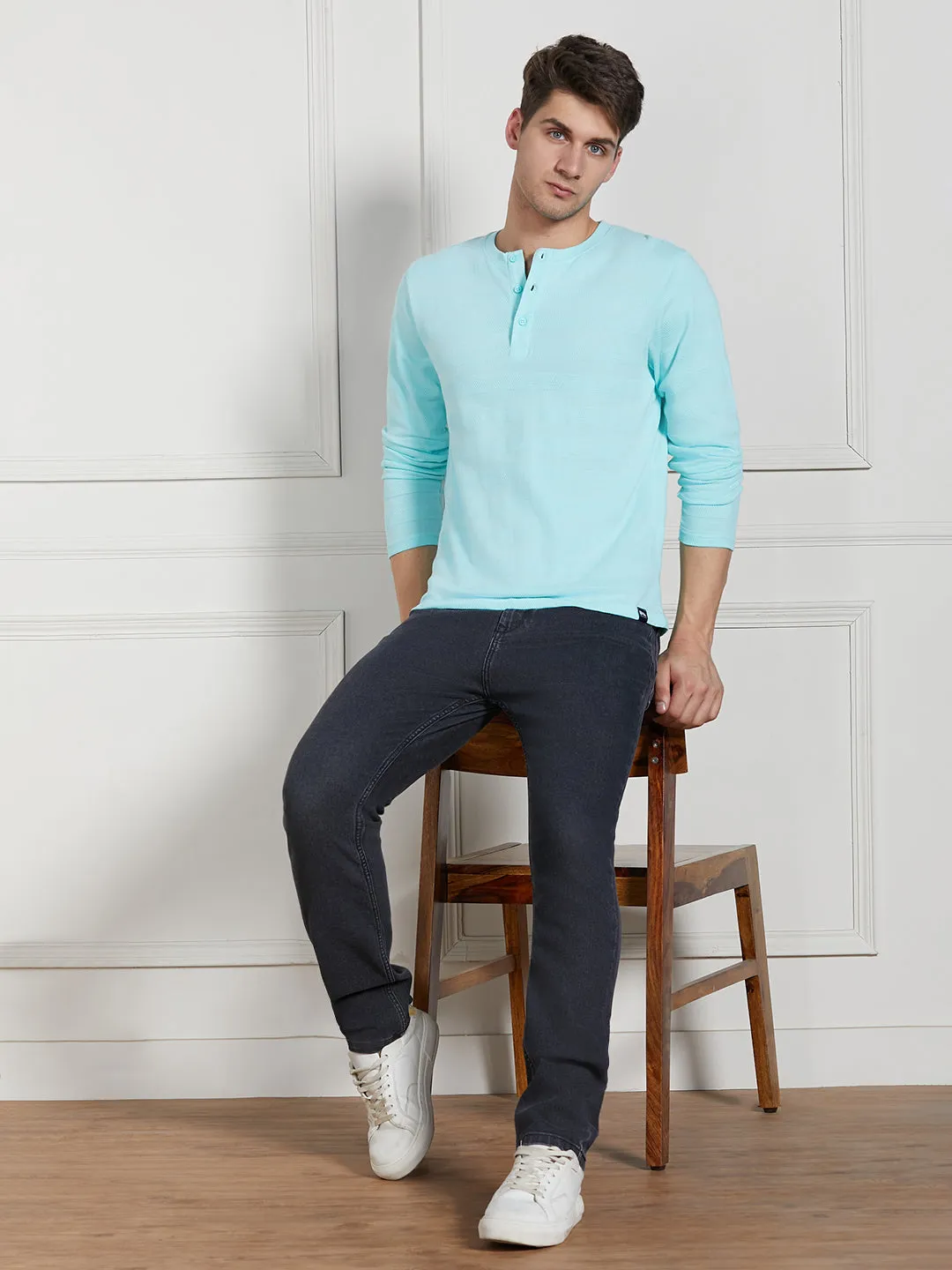 Men's Light Blue Cotton Regular Fit Textured Henley Neck T-Shirt