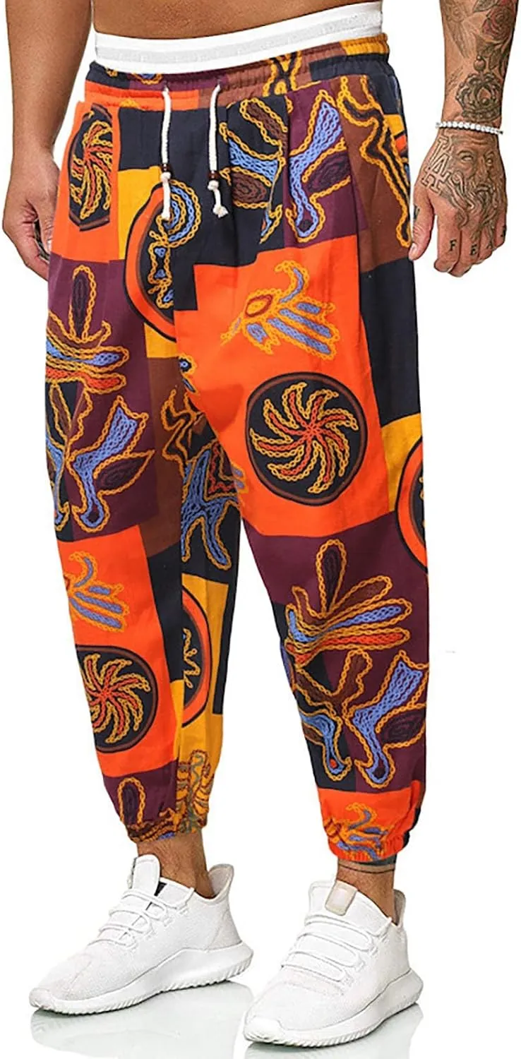 Mens Linen Cotton Chinese Dragon Pattern Harem Pants Big and Tall Elastic Waist Wide Leg Trousers Drop Crotch Hippie Pants