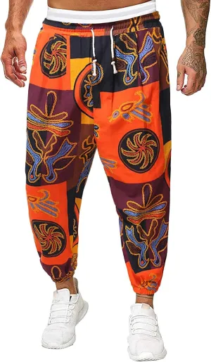 Mens Linen Cotton Chinese Dragon Pattern Harem Pants Big and Tall Elastic Waist Wide Leg Trousers Drop Crotch Hippie Pants
