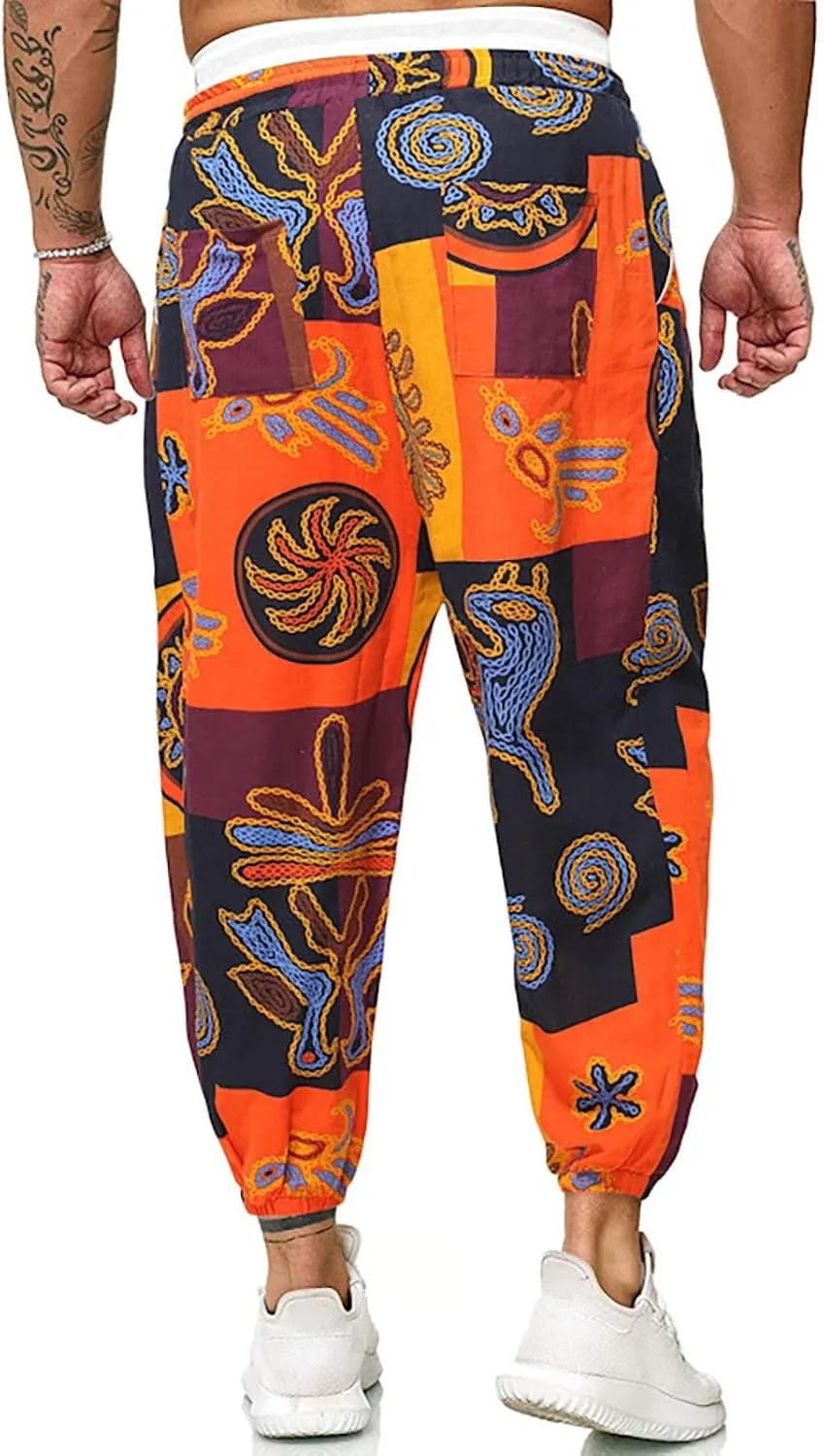 Mens Linen Cotton Chinese Dragon Pattern Harem Pants Big and Tall Elastic Waist Wide Leg Trousers Drop Crotch Hippie Pants