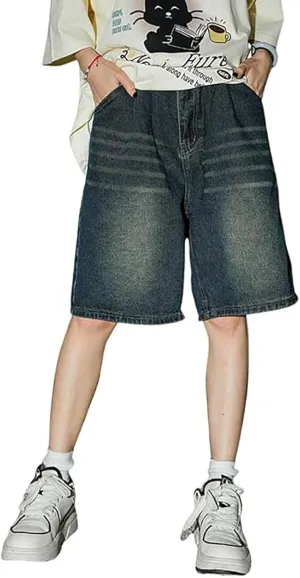 Mens Loose Denim Shorts Baggy Summer Casual Wide Leg Mid Jean Jorts Hip Hop Shorts with Pockets Streetwear